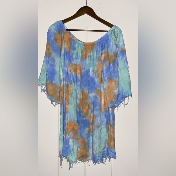 Audrey 3+1 Women Tie Dye Frayed‎ Hemline Mini Dress Off Shoulder Boho Hippie M - Picture 5 of 6